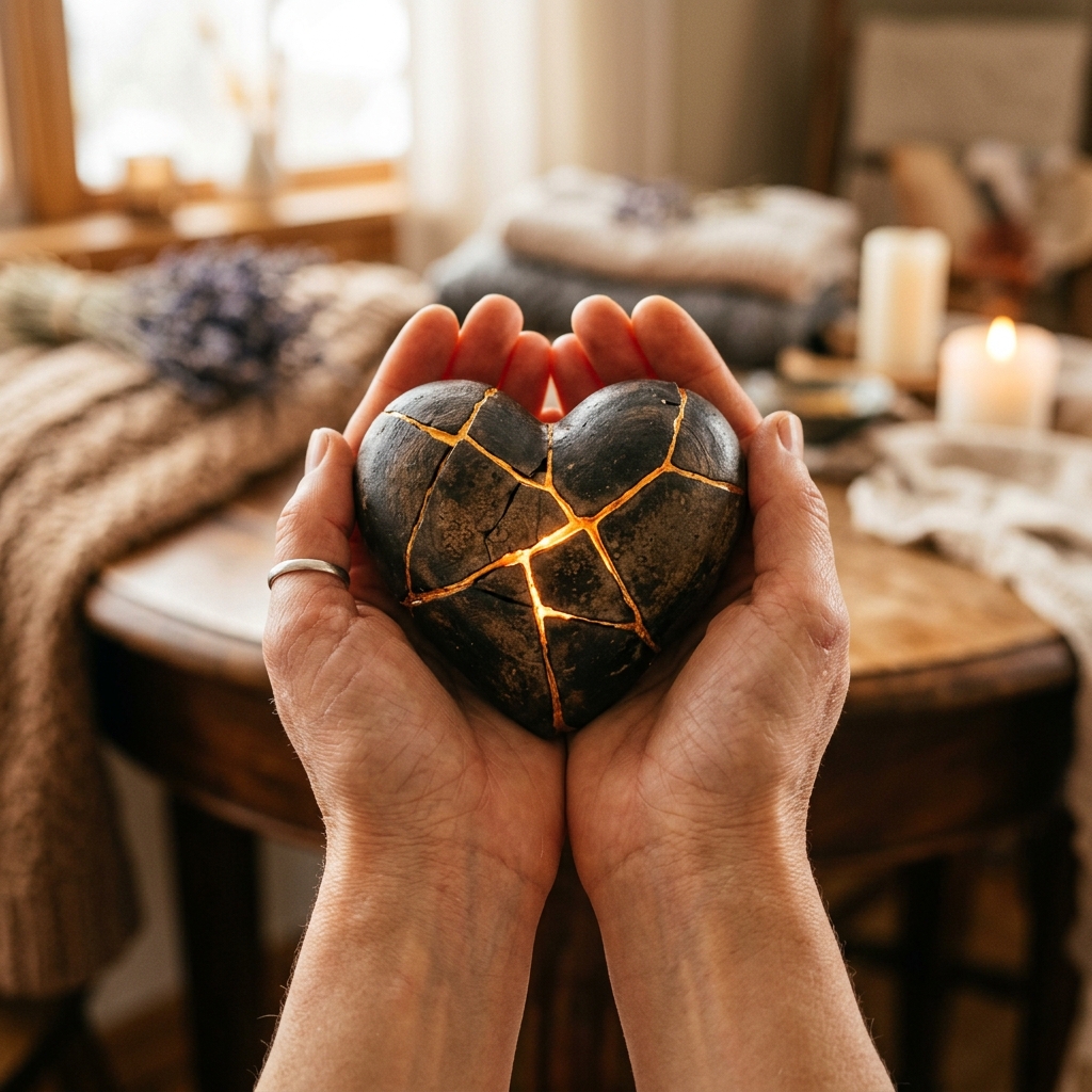 Manos sosteniendo un corazón roto para lectura de amor y relaciones