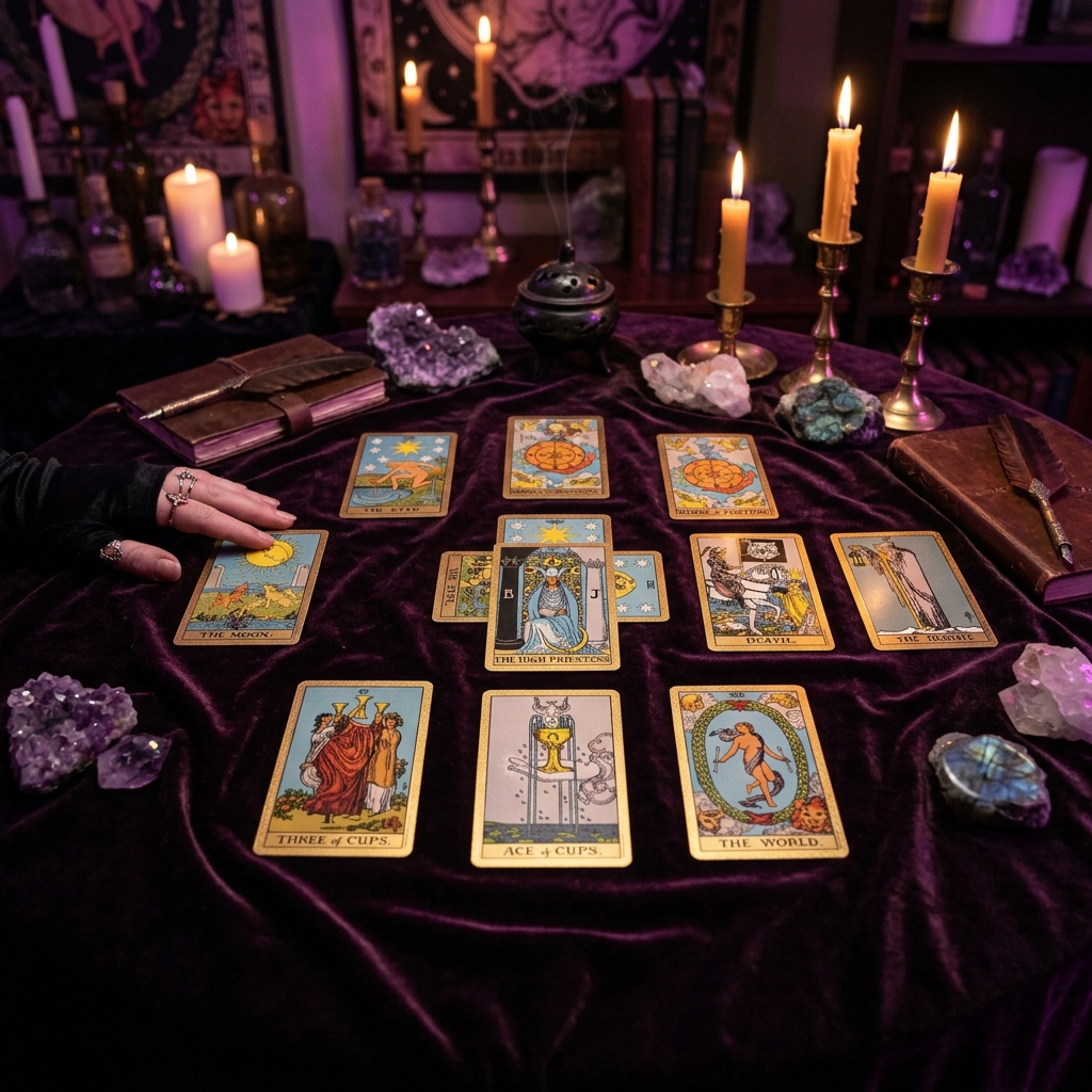 Cartas de Tarot sobre una mesa para lectura espiritual y psíquica