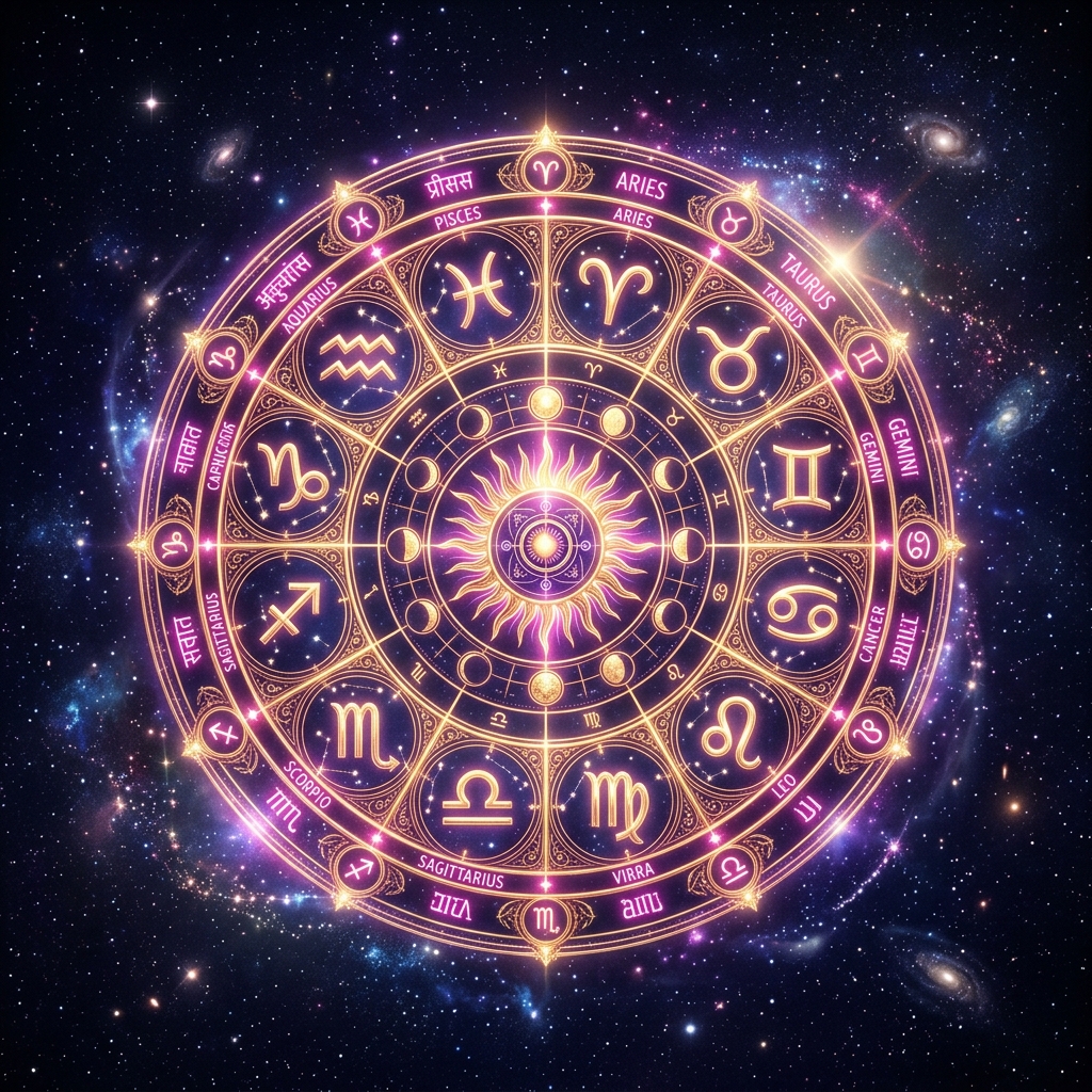 Rueda del zodiaco brillando para horóscopo diario y astrología